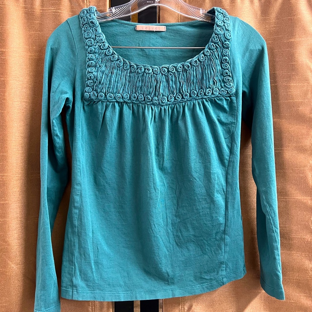 Teal Long Sleeve Cotton T-Shirt by Velvet - Size S